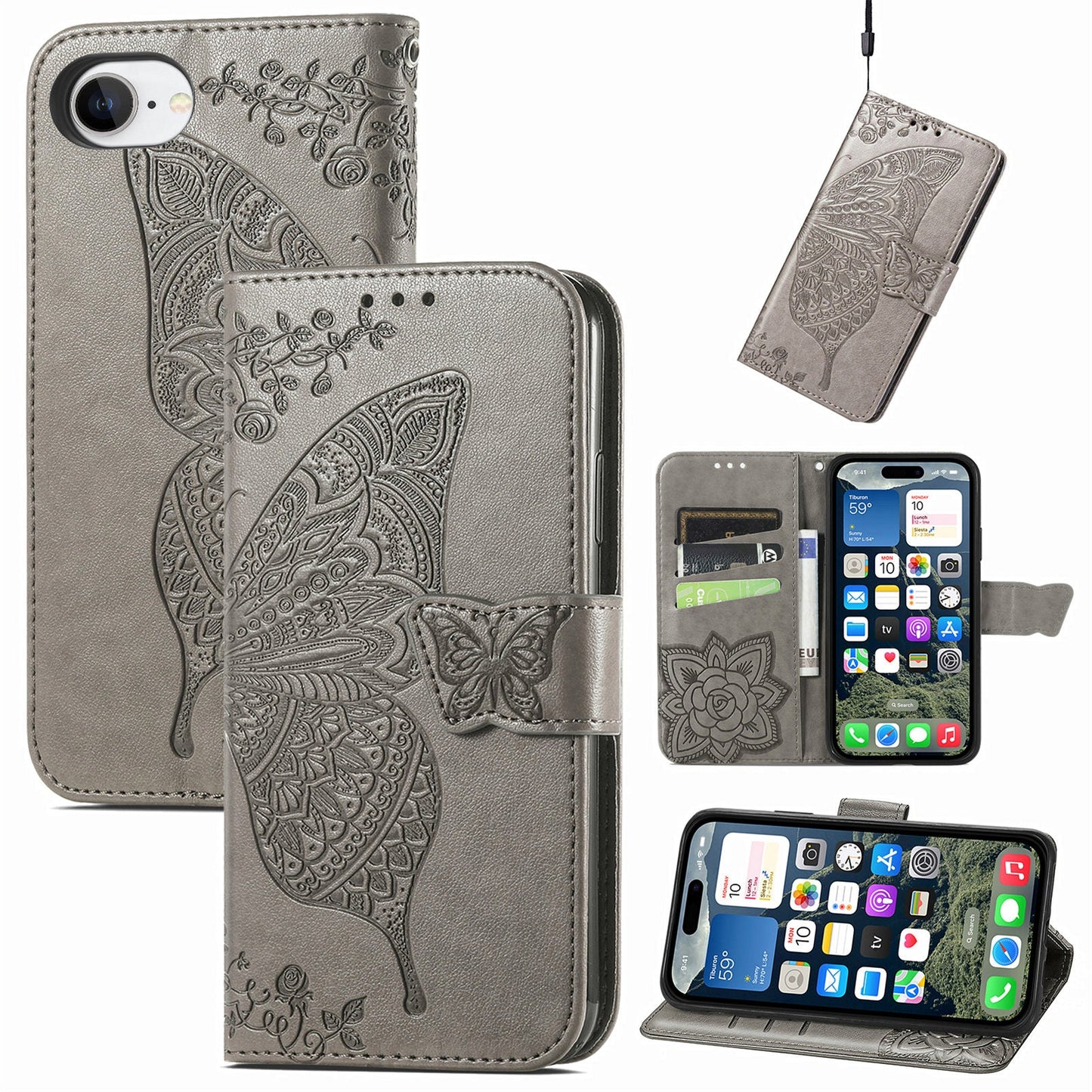 For iPhone 16e Case with Strap Butterfly Pattern PU Leather Wallet Phone Cover - Grey
