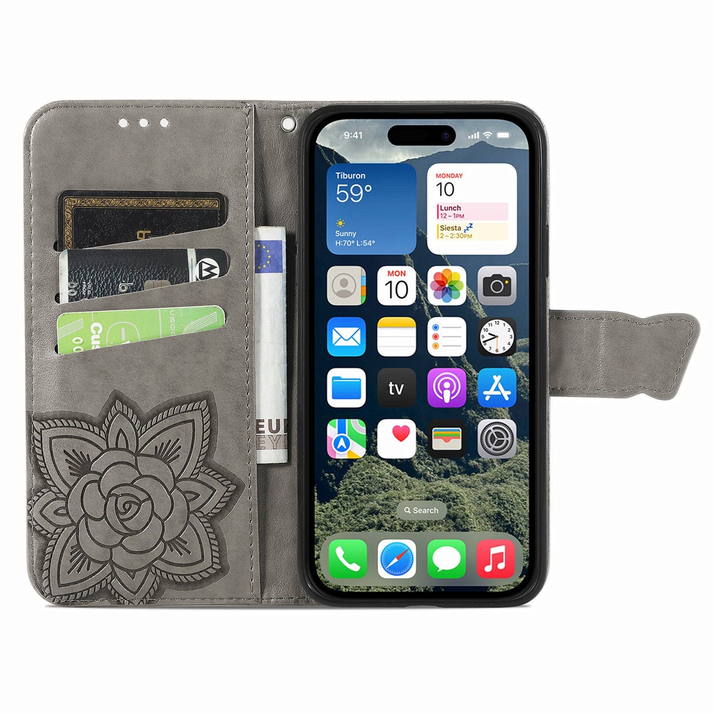 For iPhone 16e Case with Strap Butterfly Pattern PU Leather Wallet Phone Cover - Grey