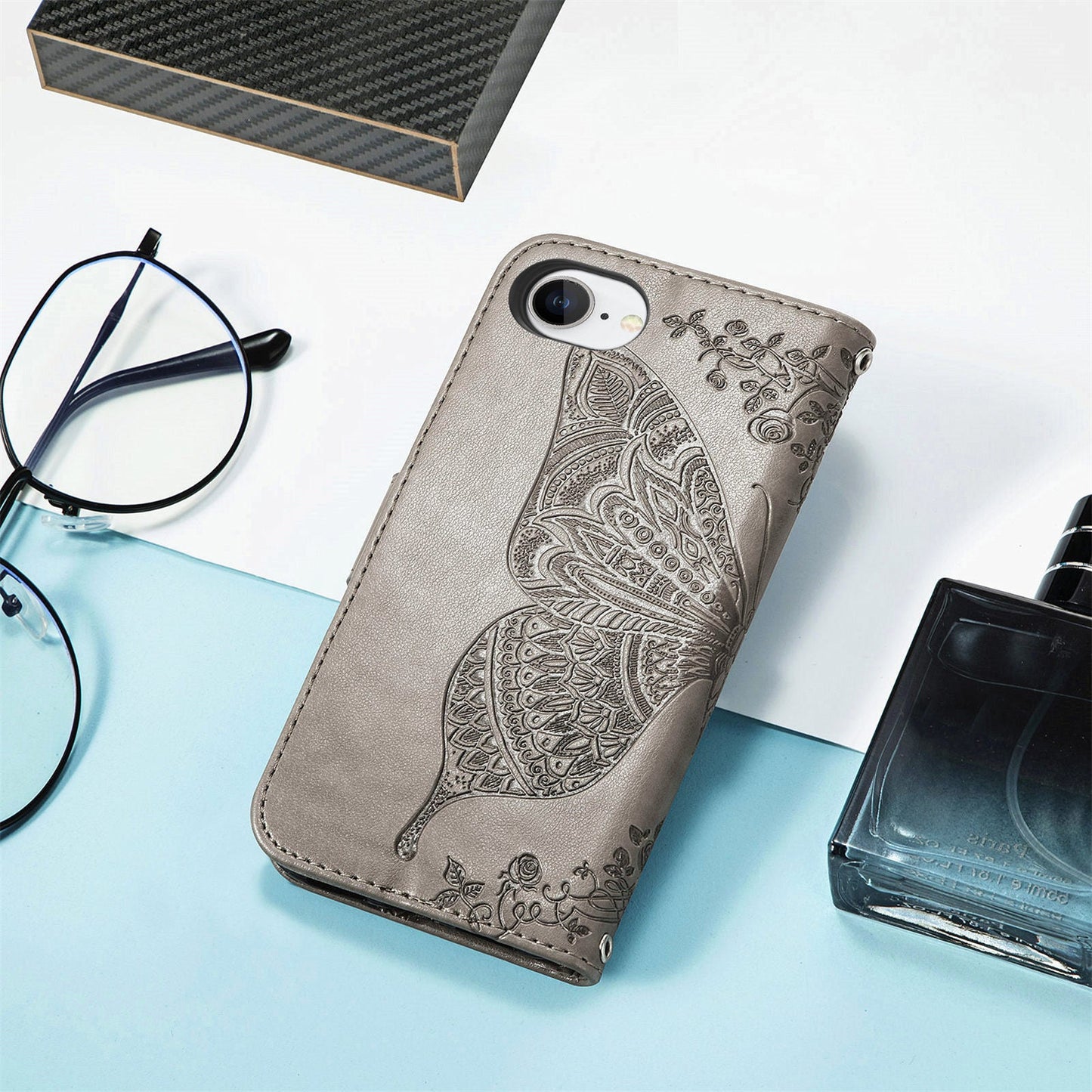 For iPhone 16e Case with Strap Butterfly Pattern PU Leather Wallet Phone Cover - Grey