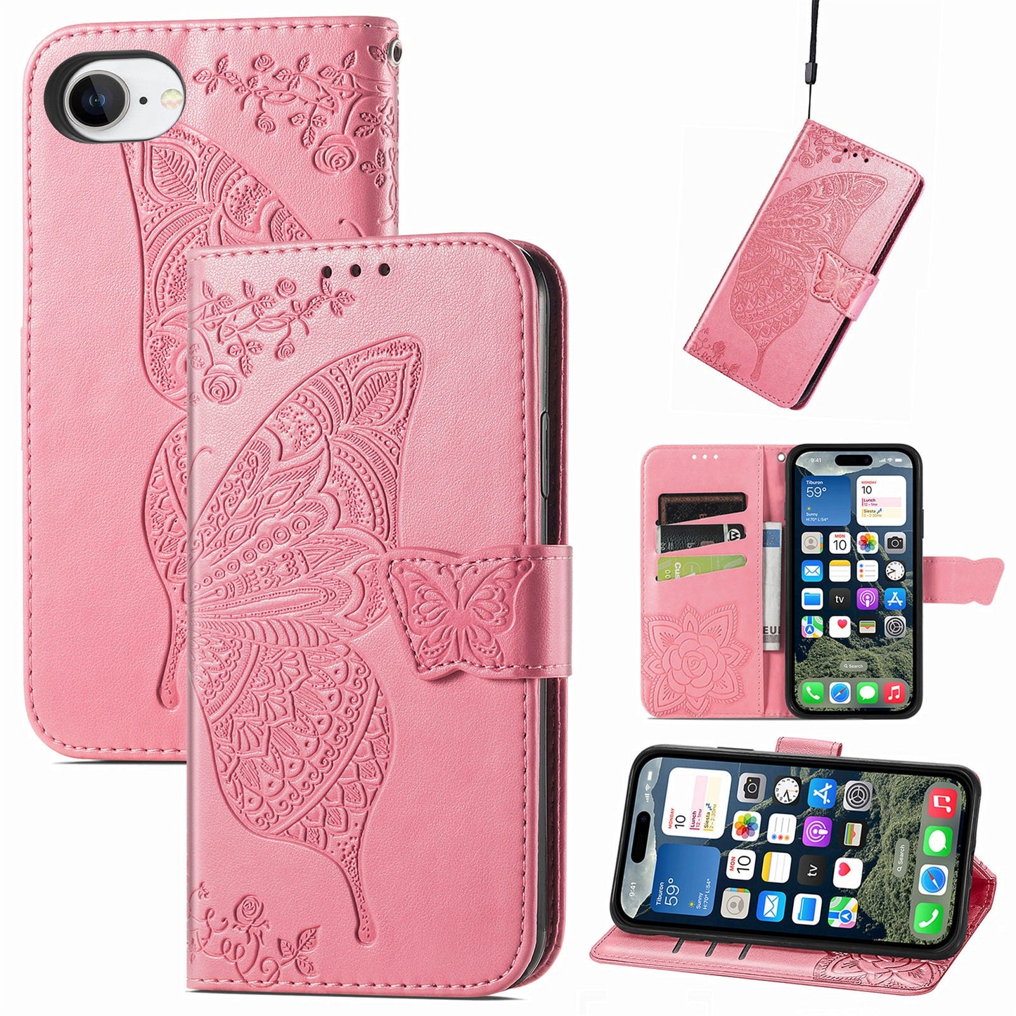 For iPhone 16e Case with Strap Butterfly Pattern PU Leather Wallet Phone Cover - Pink
