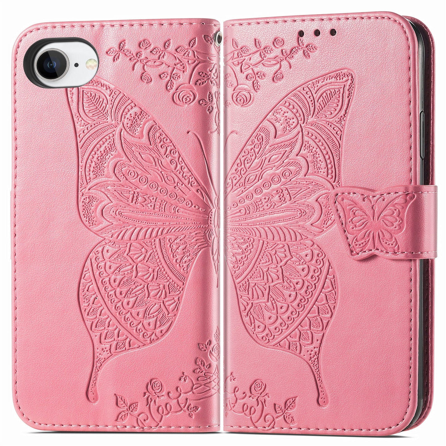 For iPhone 16e Case with Strap Butterfly Pattern PU Leather Wallet Phone Cover - Pink
