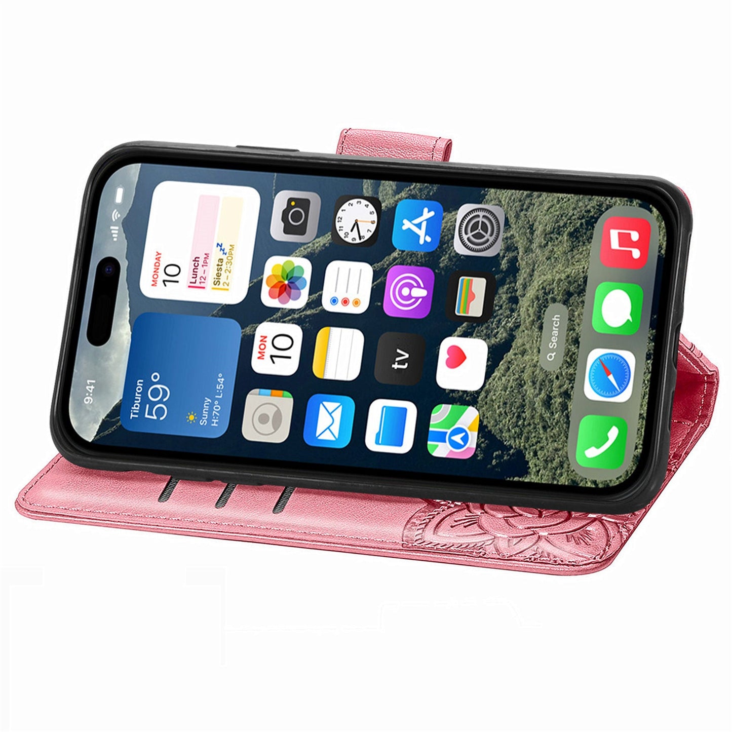 For iPhone 16e Case with Strap Butterfly Pattern PU Leather Wallet Phone Cover - Pink