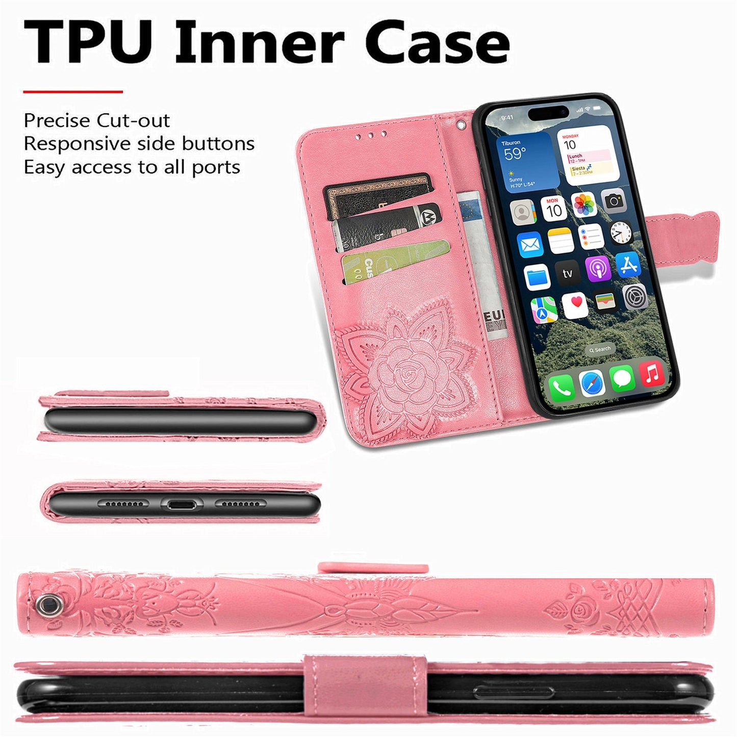 For iPhone 16e Case with Strap Butterfly Pattern PU Leather Wallet Phone Cover - Pink