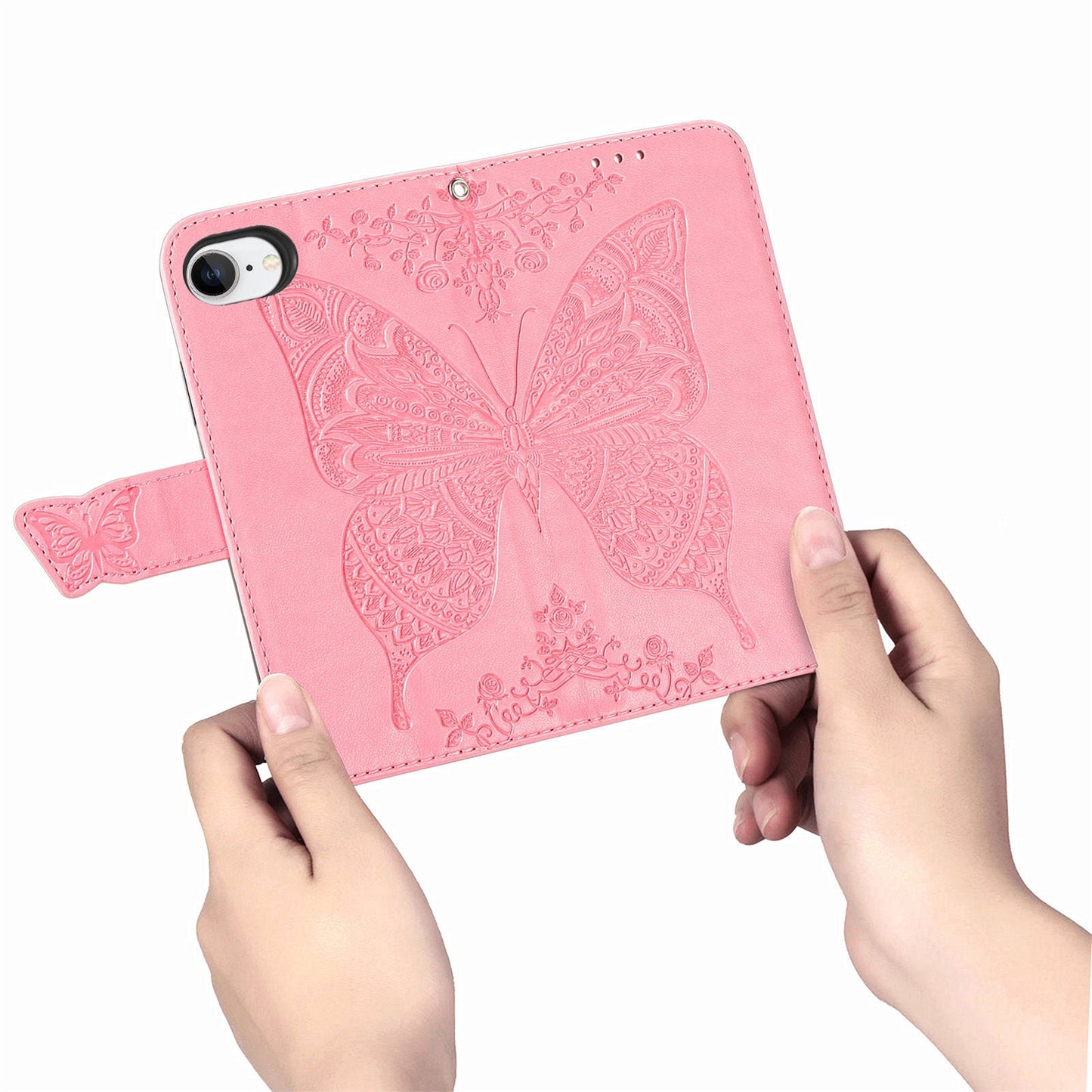 For iPhone 16e Case with Strap Butterfly Pattern PU Leather Wallet Phone Cover - Pink