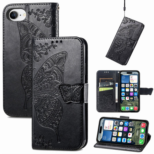 For iPhone 16e Case with Strap Butterfly Pattern PU Leather Wallet Phone Cover - Black