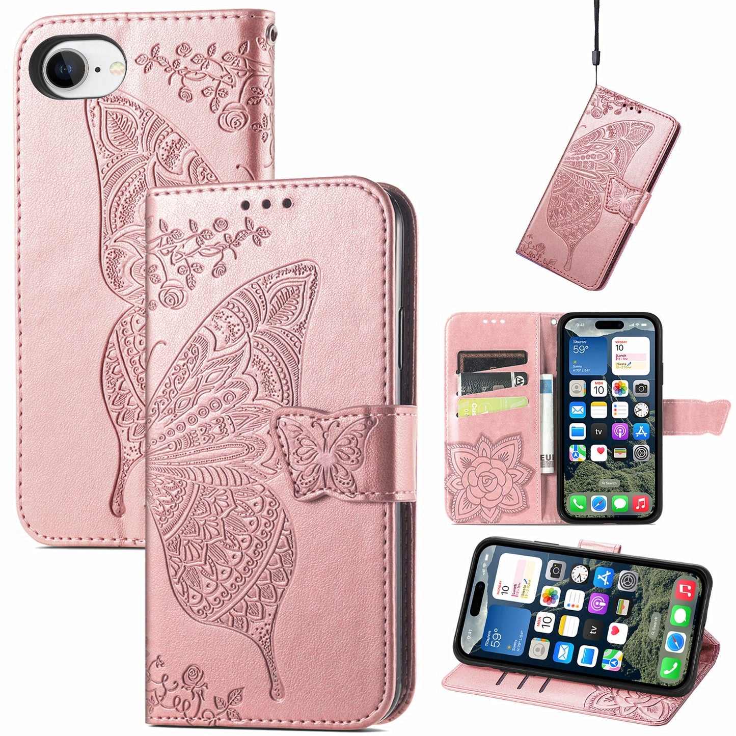 For iPhone 16e Case with Strap Butterfly Pattern PU Leather Wallet Phone Cover - Rose Gold