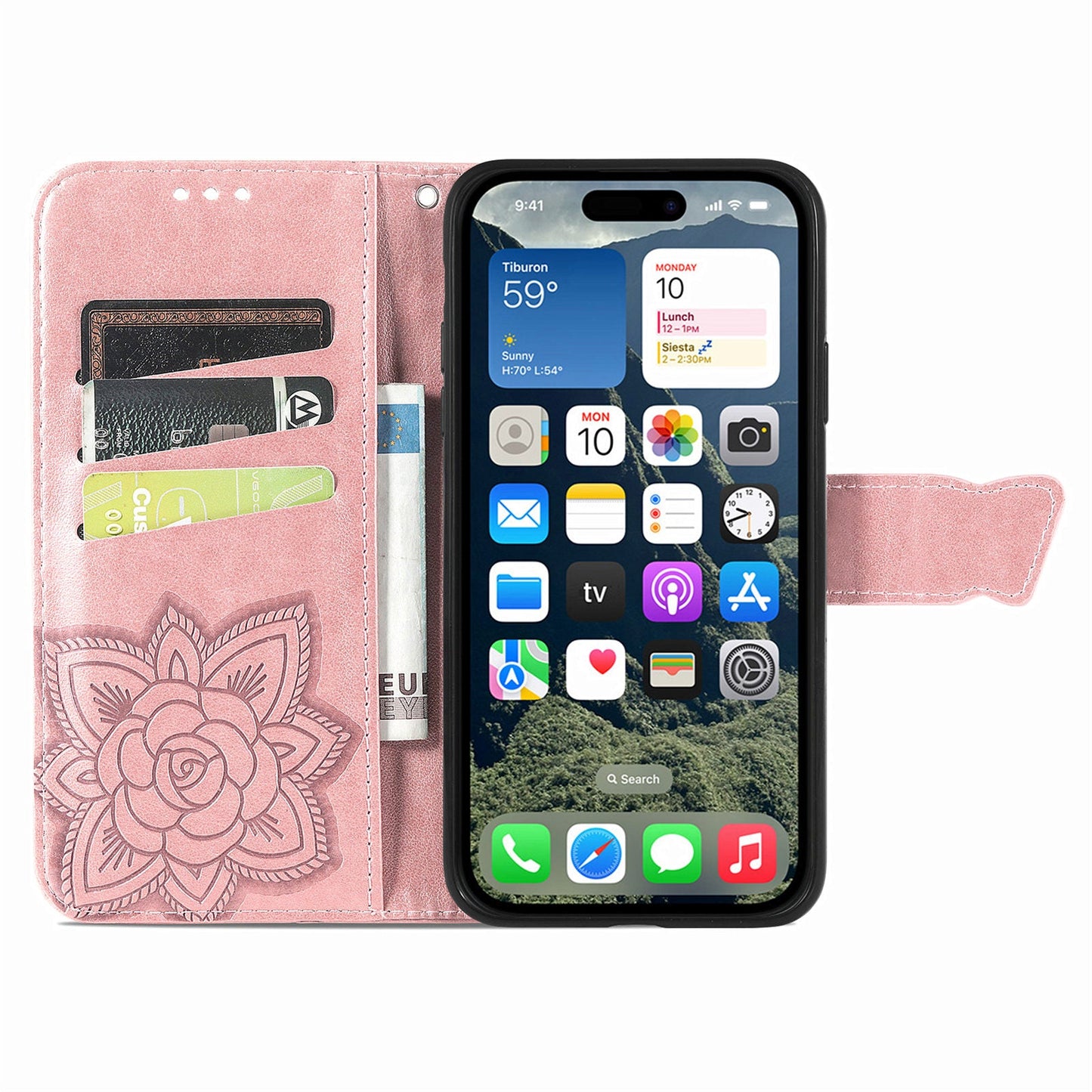 For iPhone 16e Case with Strap Butterfly Pattern PU Leather Wallet Phone Cover - Rose Gold