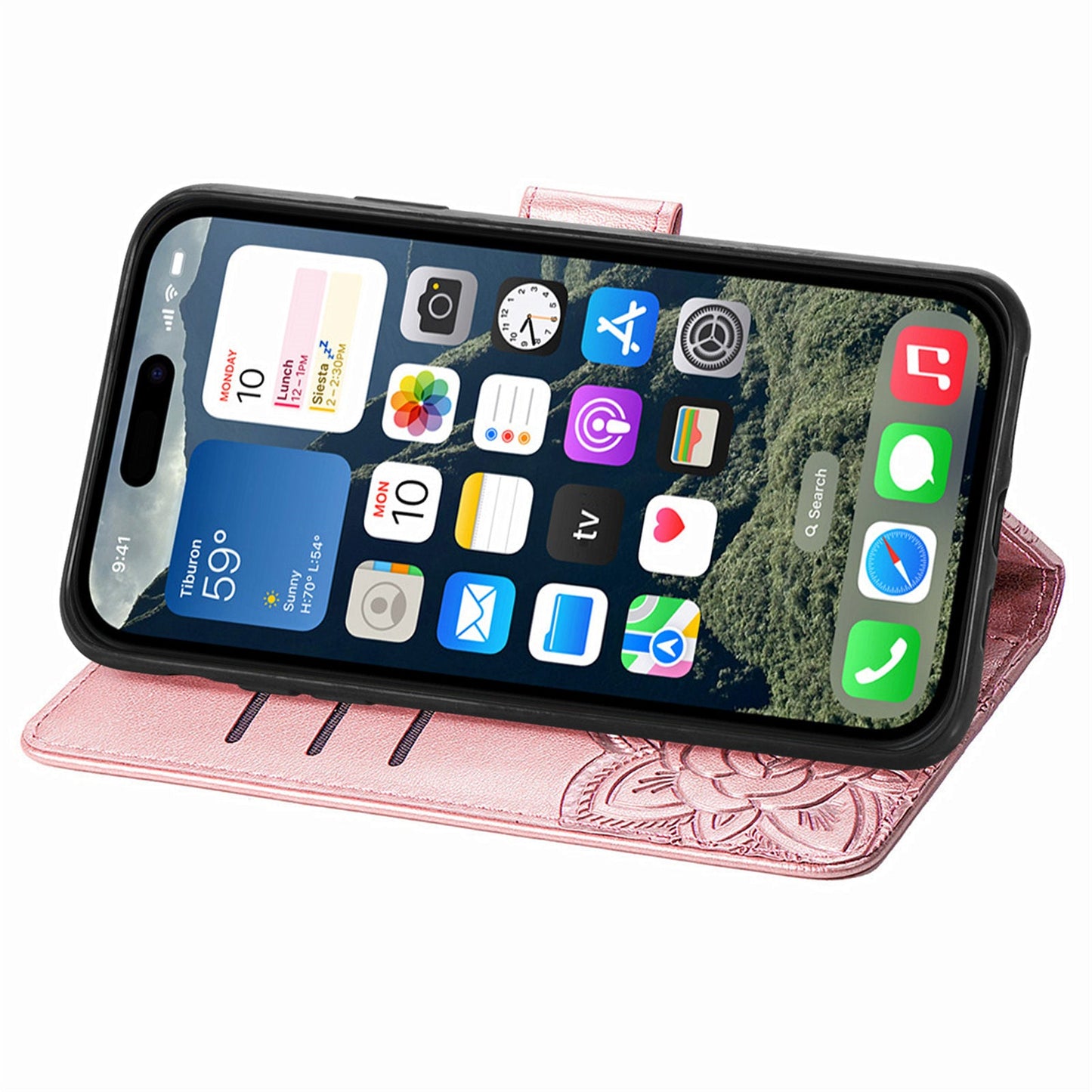 For iPhone 16e Case with Strap Butterfly Pattern PU Leather Wallet Phone Cover - Rose Gold