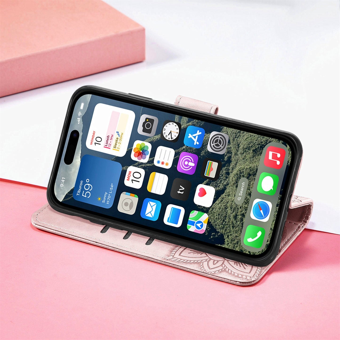 For iPhone 16e Case with Strap Butterfly Pattern PU Leather Wallet Phone Cover - Rose Gold