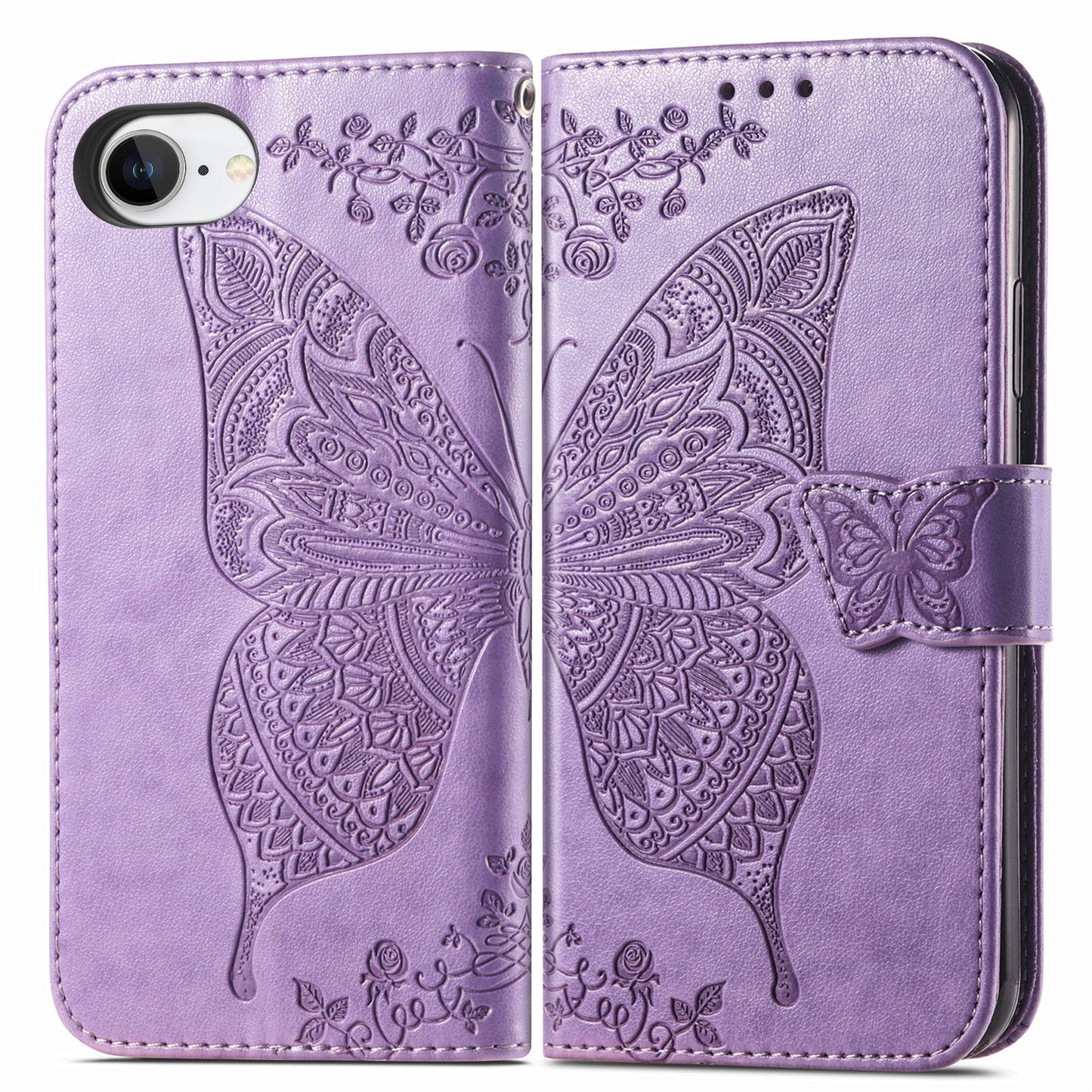 For iPhone 16e Case with Strap Butterfly Pattern PU Leather Wallet Phone Cover - Light Purple