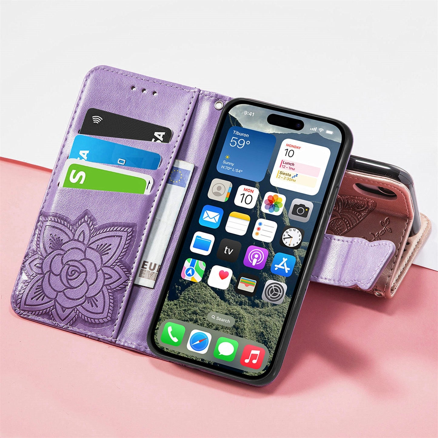 For iPhone 16e Case with Strap Butterfly Pattern PU Leather Wallet Phone Cover - Light Purple