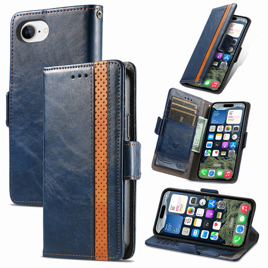 For iPhone 16e Case CASENEO 002 Series RFID Blocking Leather Wallet Stand Phone Cover - Dark Blue