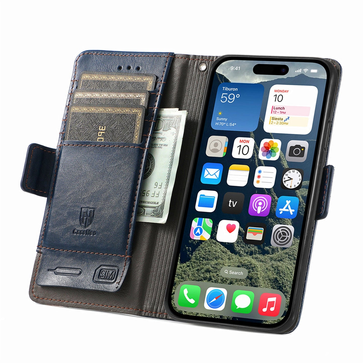 For iPhone 16e Case CASENEO 002 Series RFID Blocking Leather Wallet Stand Phone Cover - Dark Blue