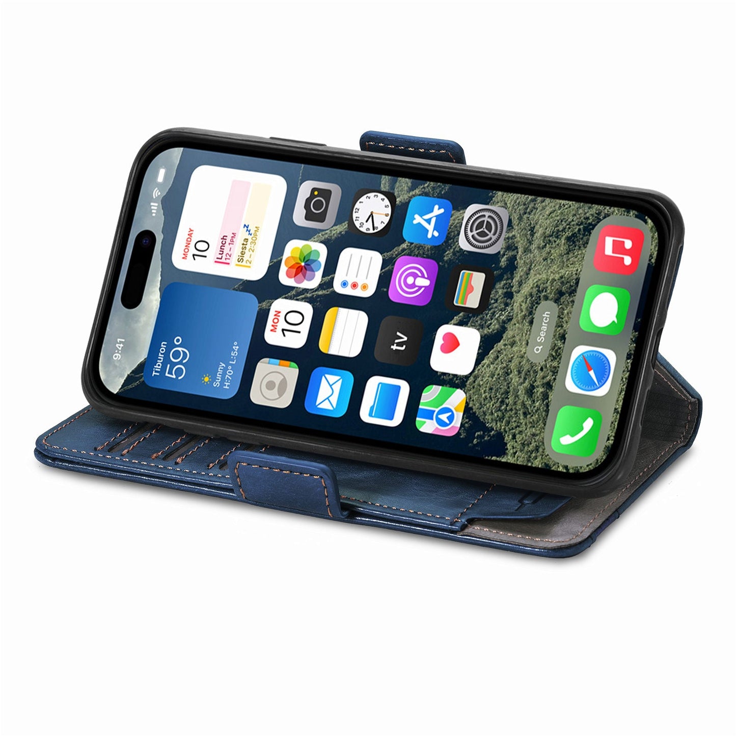 For iPhone 16e Case CASENEO 002 Series RFID Blocking Leather Wallet Stand Phone Cover - Dark Blue