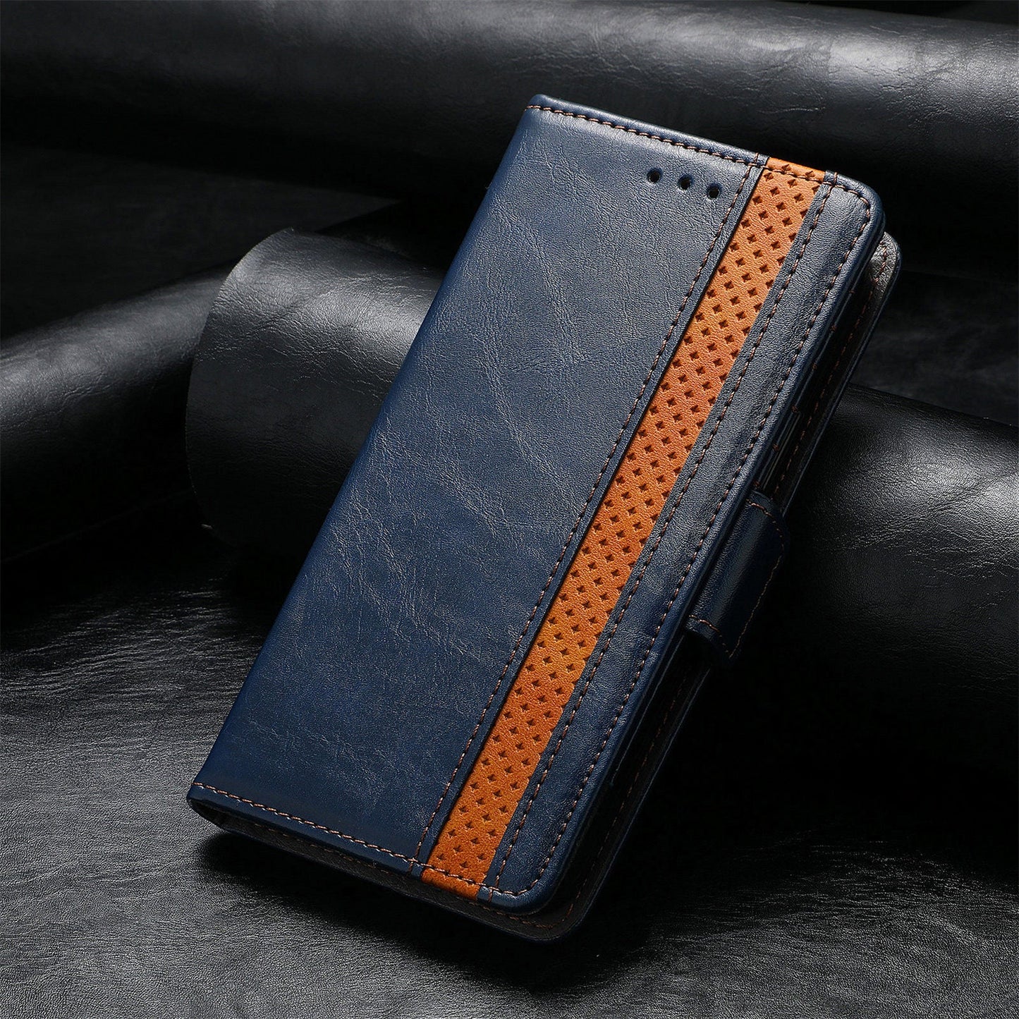 For iPhone 16e Case CASENEO 002 Series RFID Blocking Leather Wallet Stand Phone Cover - Dark Blue