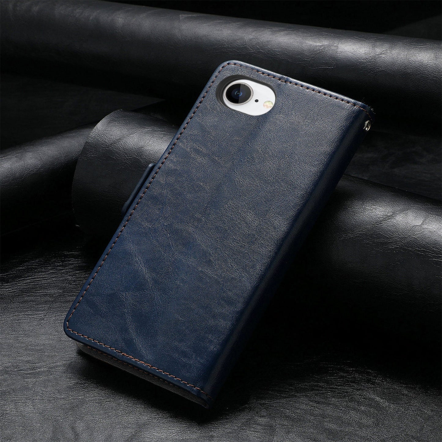 For iPhone 16e Case CASENEO 002 Series RFID Blocking Leather Wallet Stand Phone Cover - Dark Blue