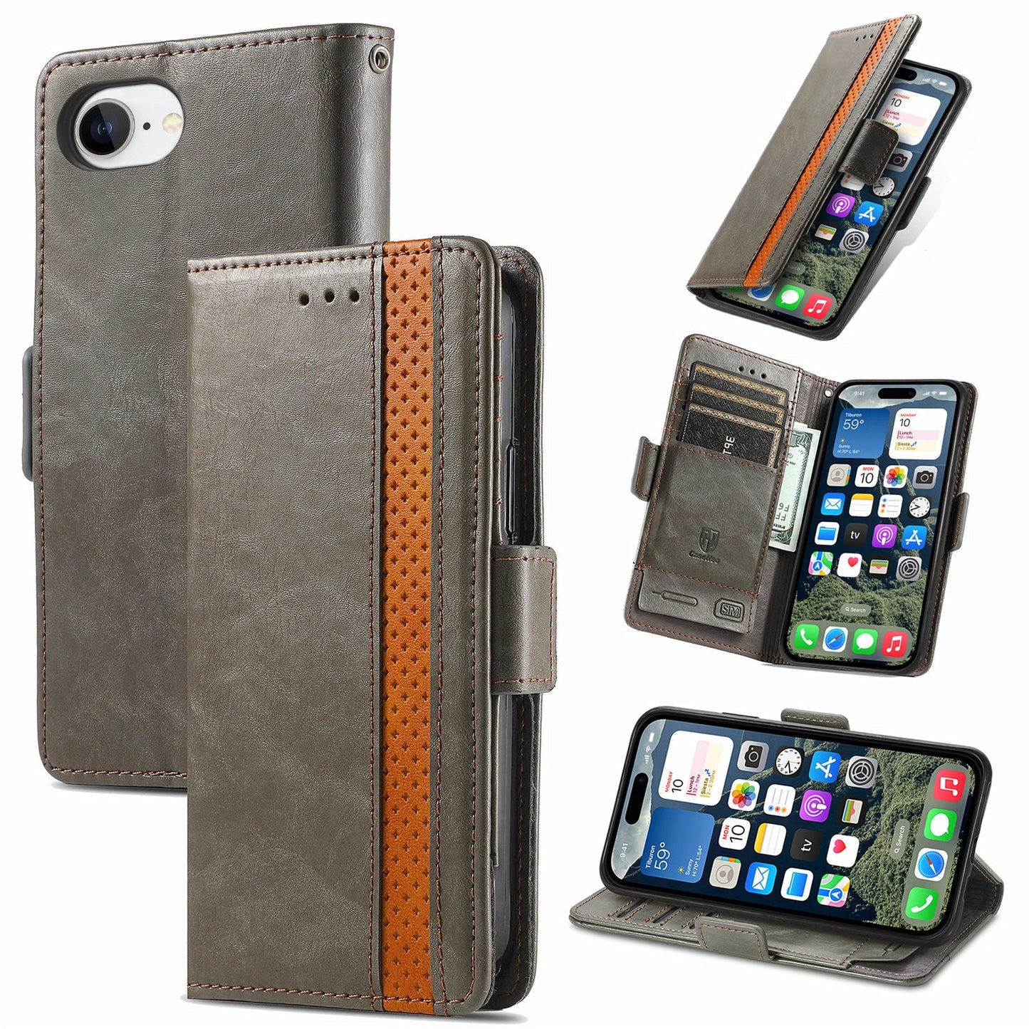 For iPhone 16e Case CASENEO 002 Series RFID Blocking Leather Wallet Stand Phone Cover - Grey