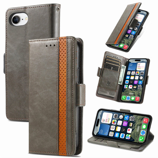 For iPhone 16e Case CASENEO 002 Series RFID Blocking Leather Wallet Stand Phone Cover - Grey