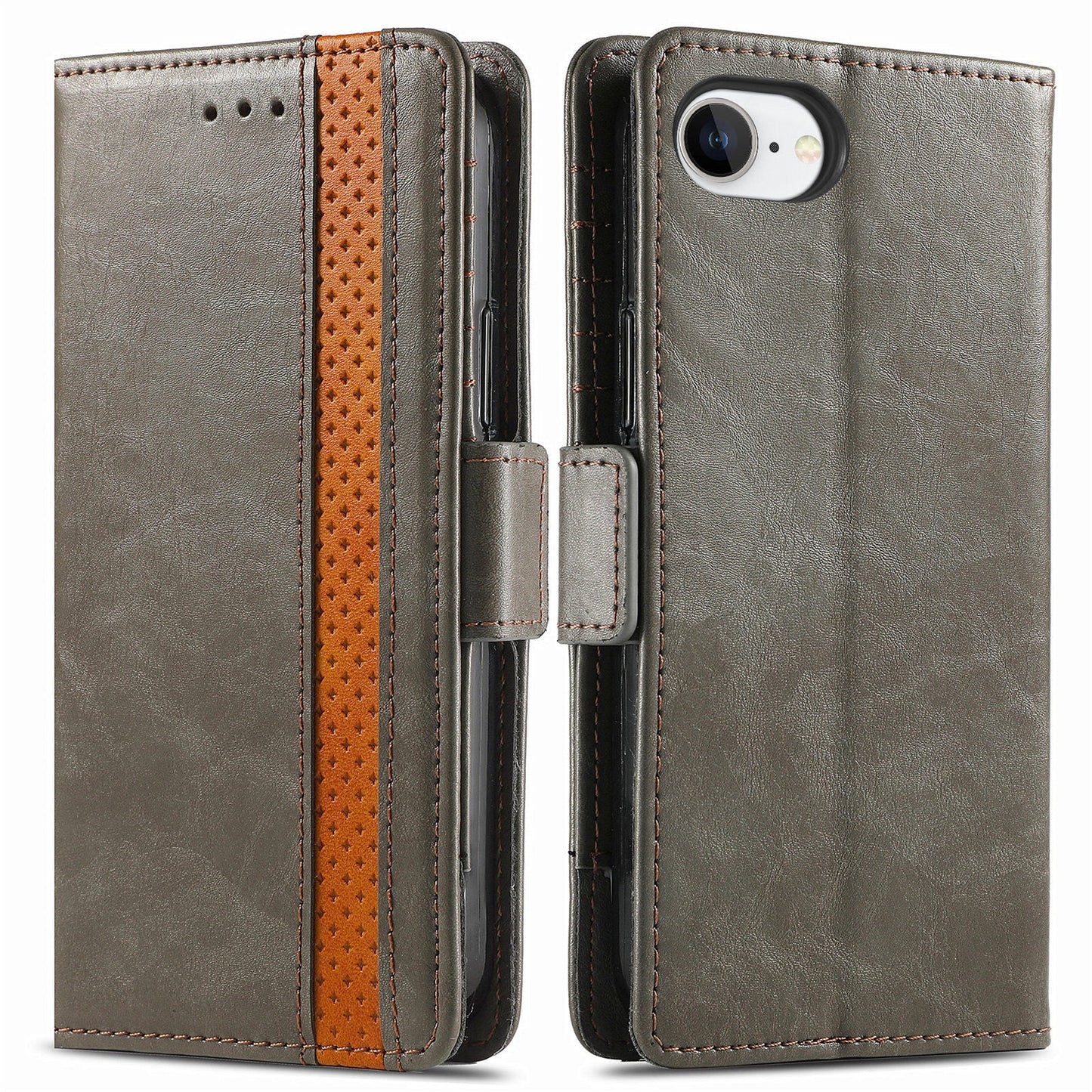 For iPhone 16e Case CASENEO 002 Series RFID Blocking Leather Wallet Stand Phone Cover - Grey