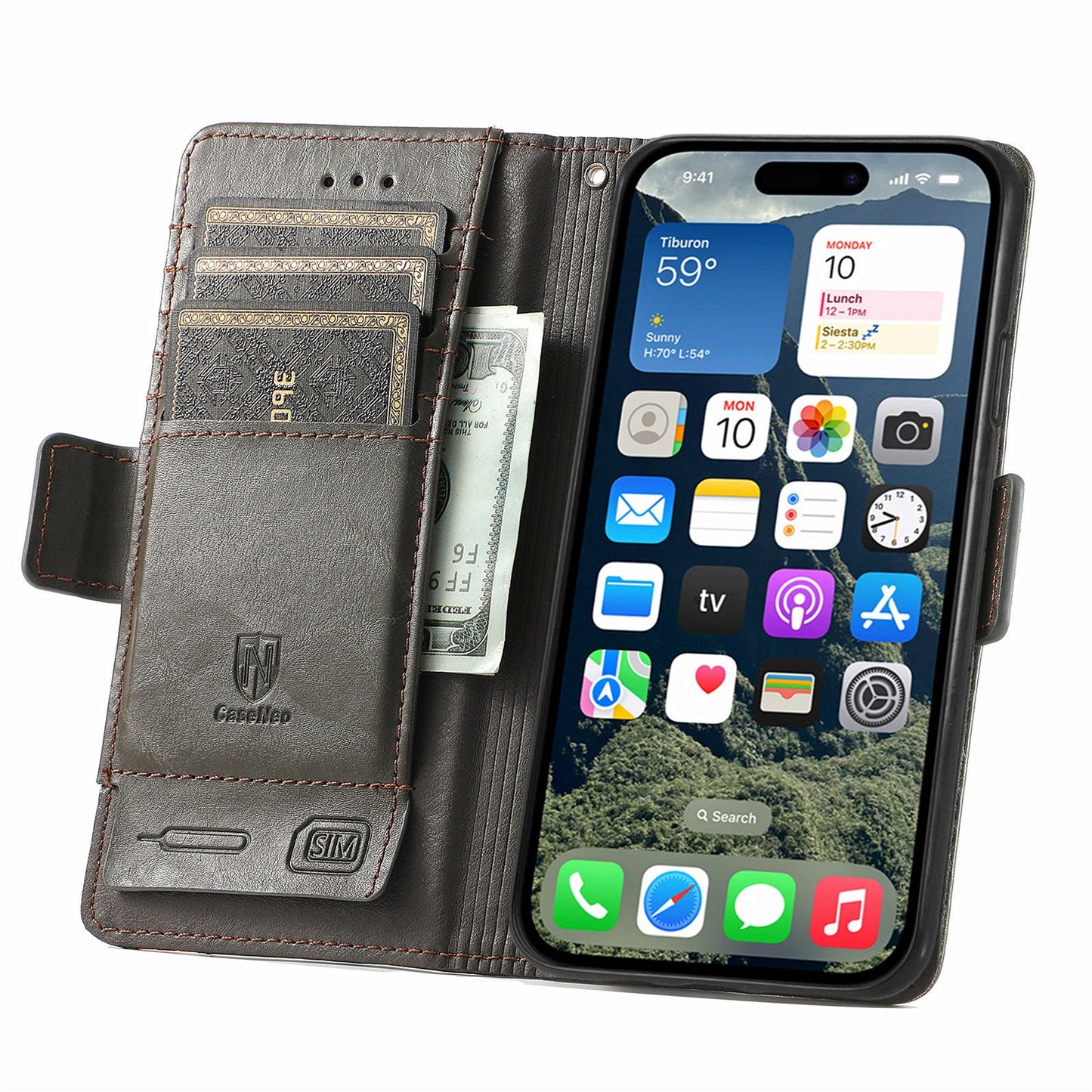 For iPhone 16e Case CASENEO 002 Series RFID Blocking Leather Wallet Stand Phone Cover - Grey