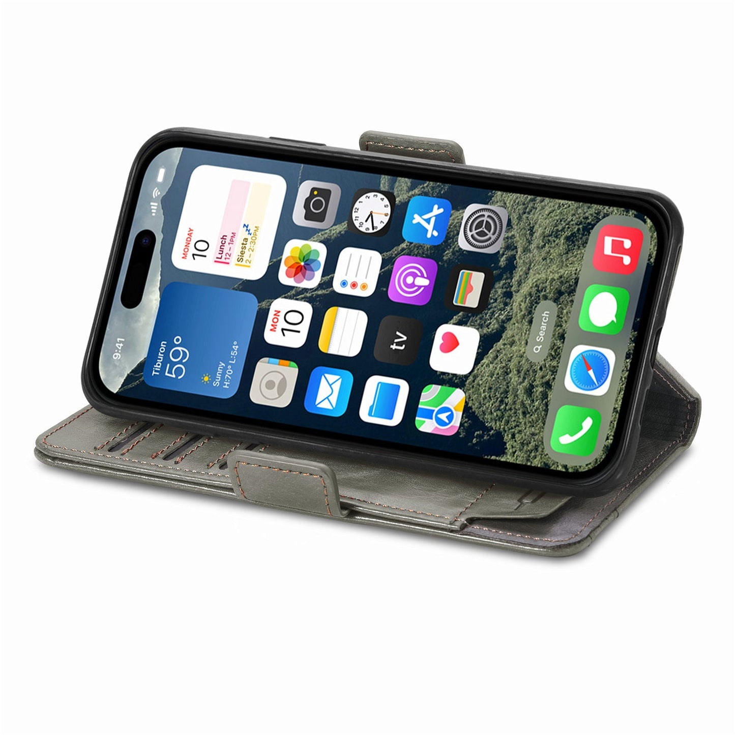 For iPhone 16e Case CASENEO 002 Series RFID Blocking Leather Wallet Stand Phone Cover - Grey