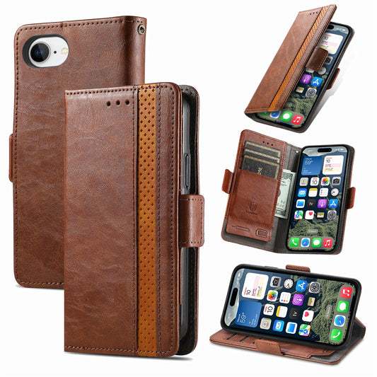 For iPhone 16e Case CASENEO 002 Series RFID Blocking Leather Wallet Stand Phone Cover - Dark Brown