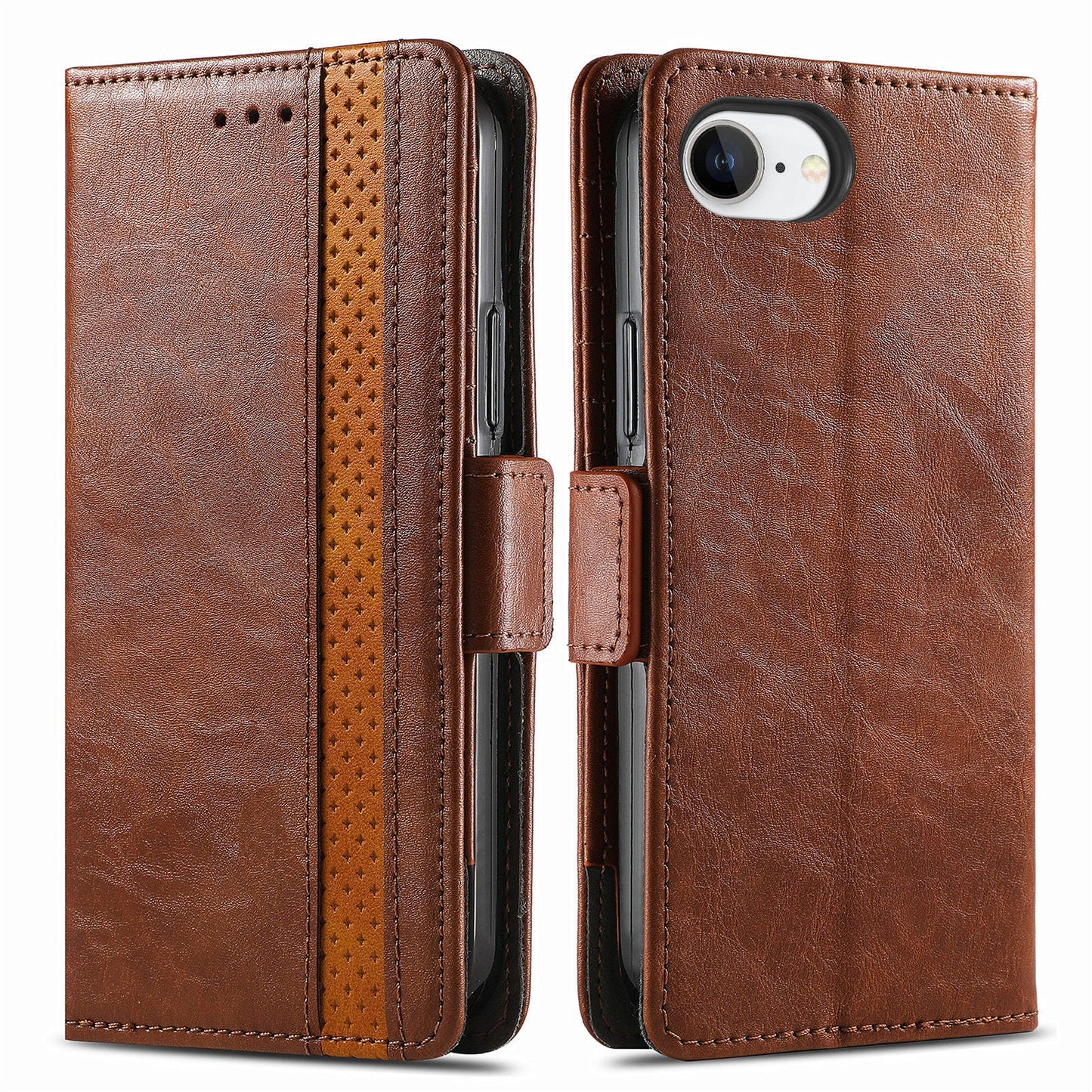 For iPhone 16e Case CASENEO 002 Series RFID Blocking Leather Wallet Stand Phone Cover - Dark Brown