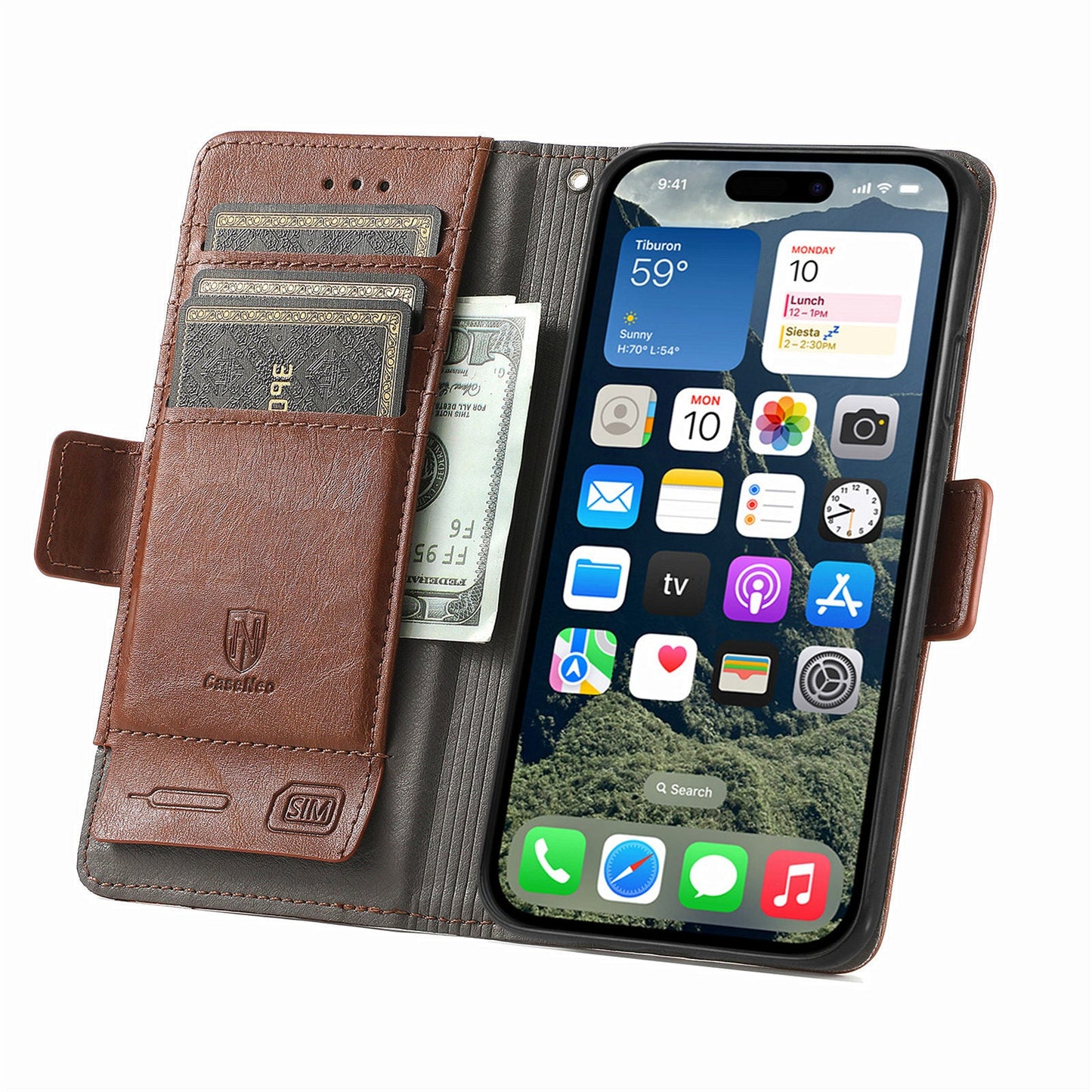 For iPhone 16e Case CASENEO 002 Series RFID Blocking Leather Wallet Stand Phone Cover - Dark Brown