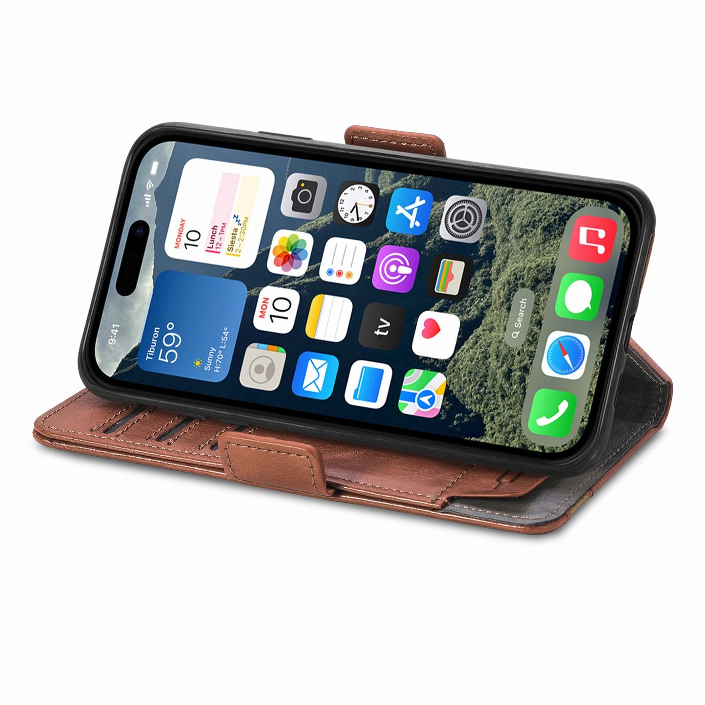 For iPhone 16e Case CASENEO 002 Series RFID Blocking Leather Wallet Stand Phone Cover - Dark Brown