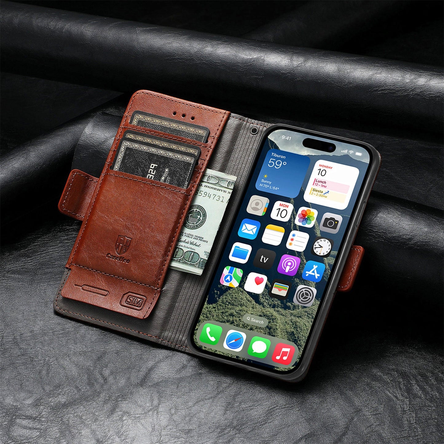 For iPhone 16e Case CASENEO 002 Series RFID Blocking Leather Wallet Stand Phone Cover - Dark Brown