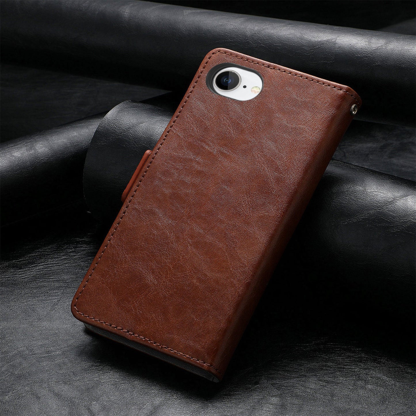 For iPhone 16e Case CASENEO 002 Series RFID Blocking Leather Wallet Stand Phone Cover - Dark Brown