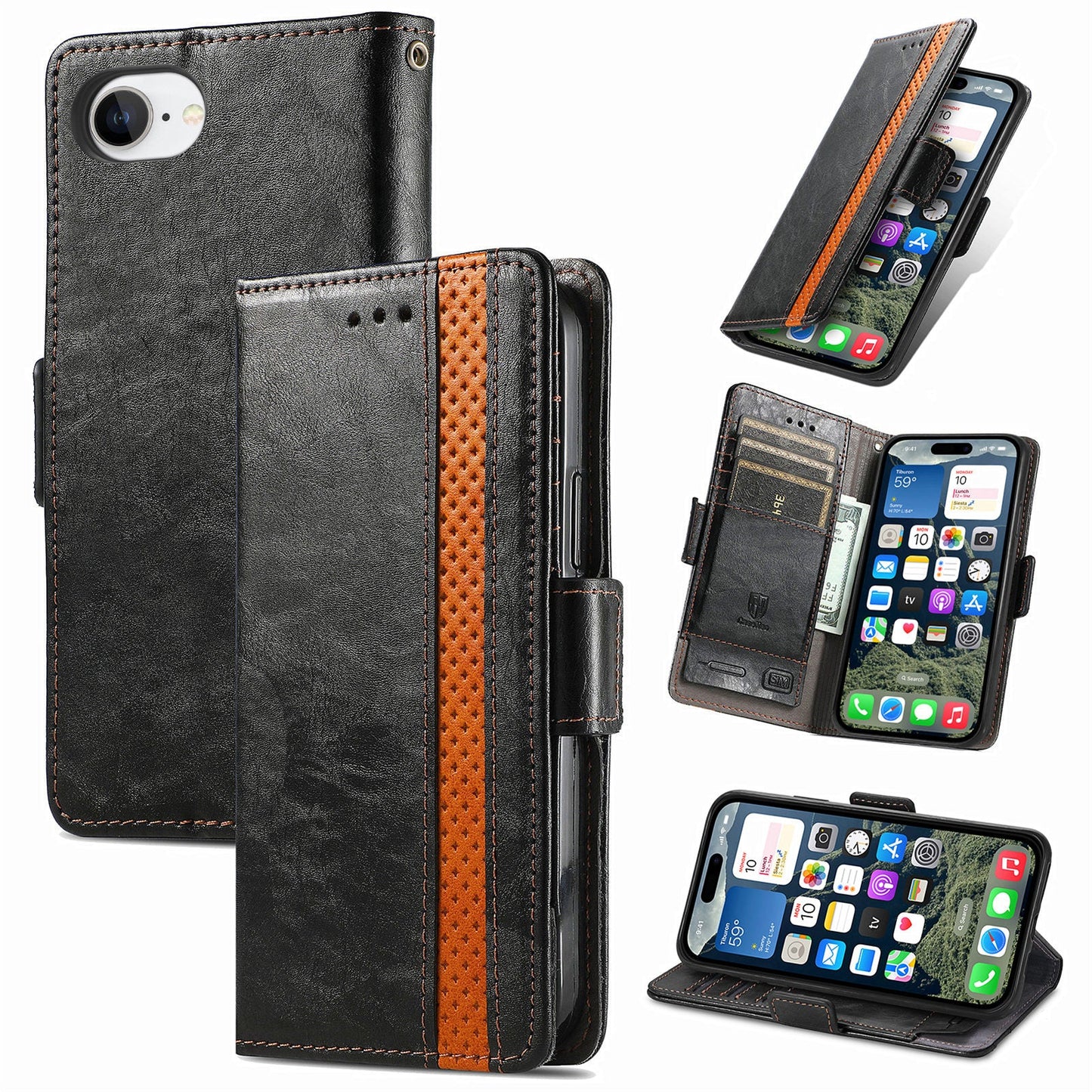 For iPhone 16e Case CASENEO 002 Series RFID Blocking Leather Wallet Stand Phone Cover - Black