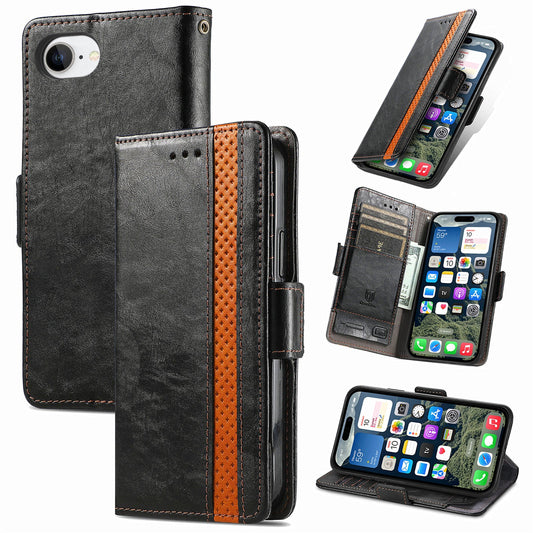 For iPhone 16e Case CASENEO 002 Series RFID Blocking Leather Wallet Stand Phone Cover - Black