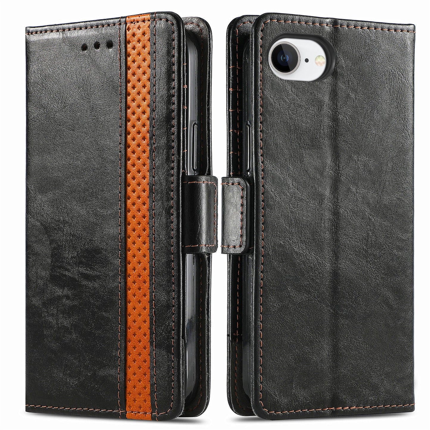 For iPhone 16e Case CASENEO 002 Series RFID Blocking Leather Wallet Stand Phone Cover - Black