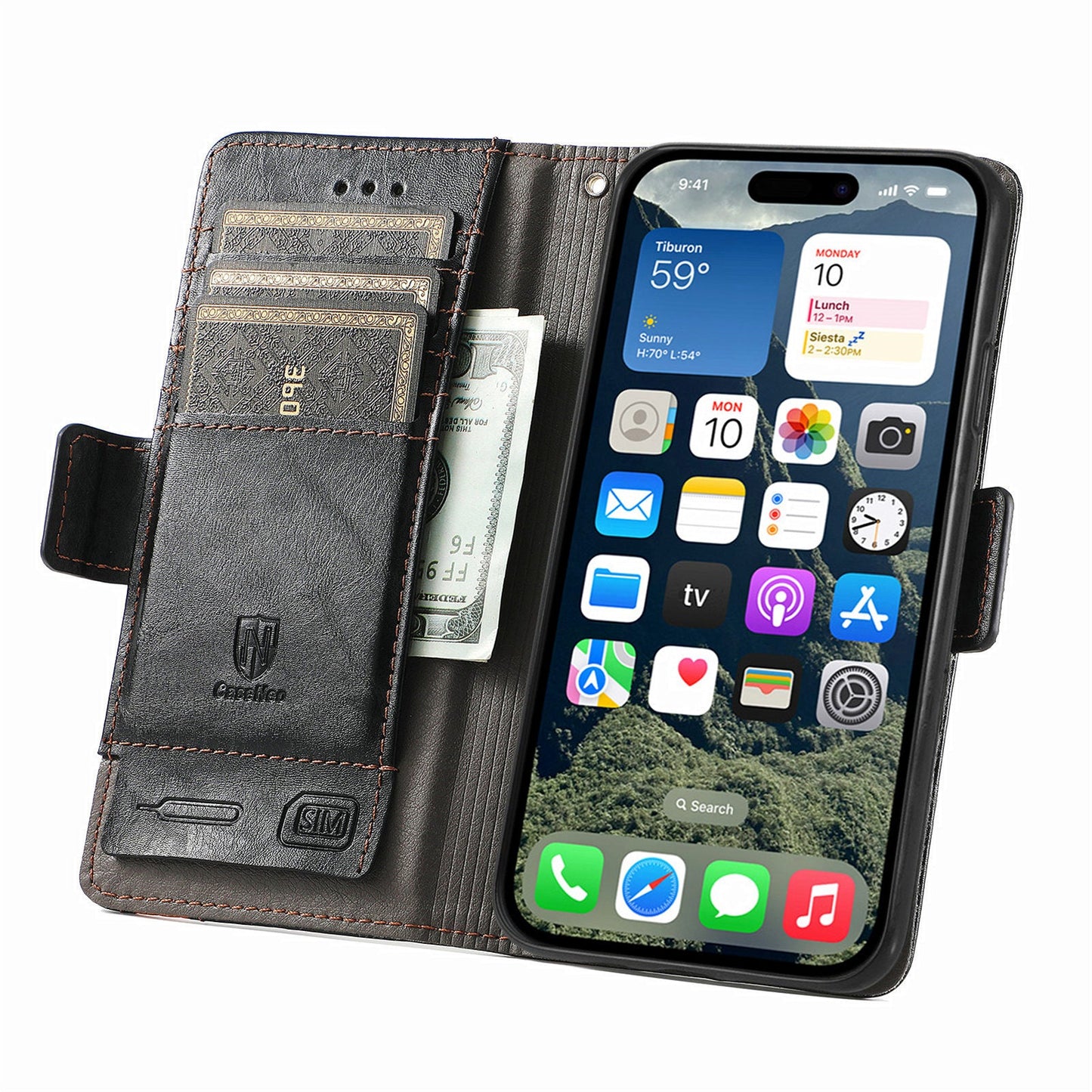 For iPhone 16e Case CASENEO 002 Series RFID Blocking Leather Wallet Stand Phone Cover - Black
