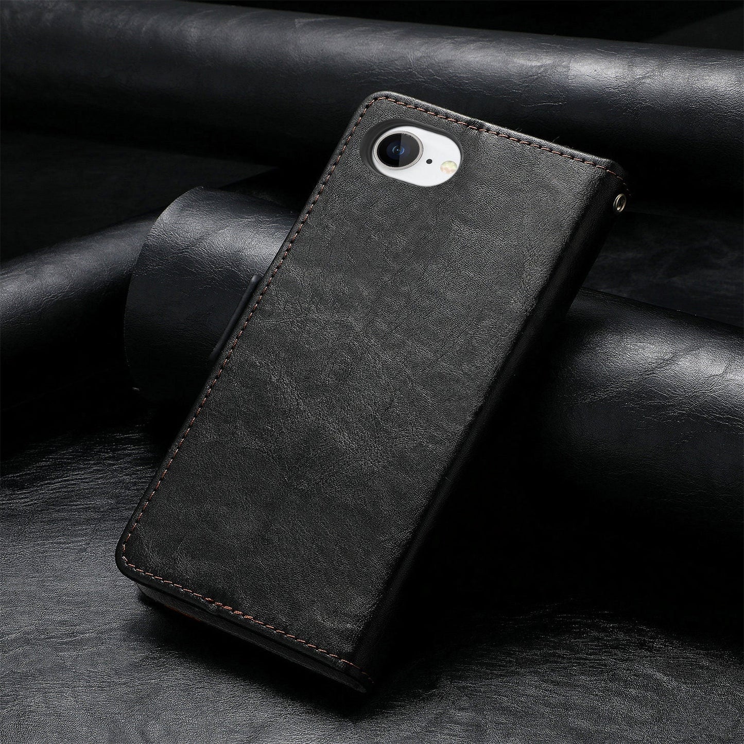 For iPhone 16e Case CASENEO 002 Series RFID Blocking Leather Wallet Stand Phone Cover - Black