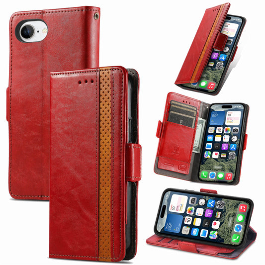 For iPhone 16e Case CASENEO 002 Series RFID Blocking Leather Wallet Stand Phone Cover - Red