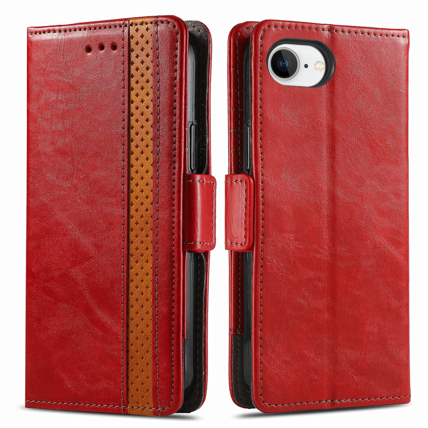 For iPhone 16e Case CASENEO 002 Series RFID Blocking Leather Wallet Stand Phone Cover - Red