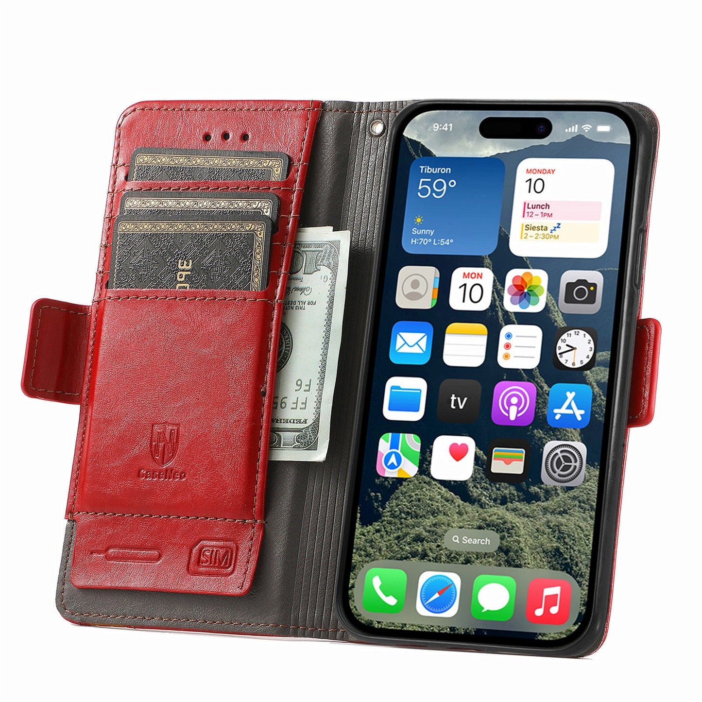 For iPhone 16e Case CASENEO 002 Series RFID Blocking Leather Wallet Stand Phone Cover - Red