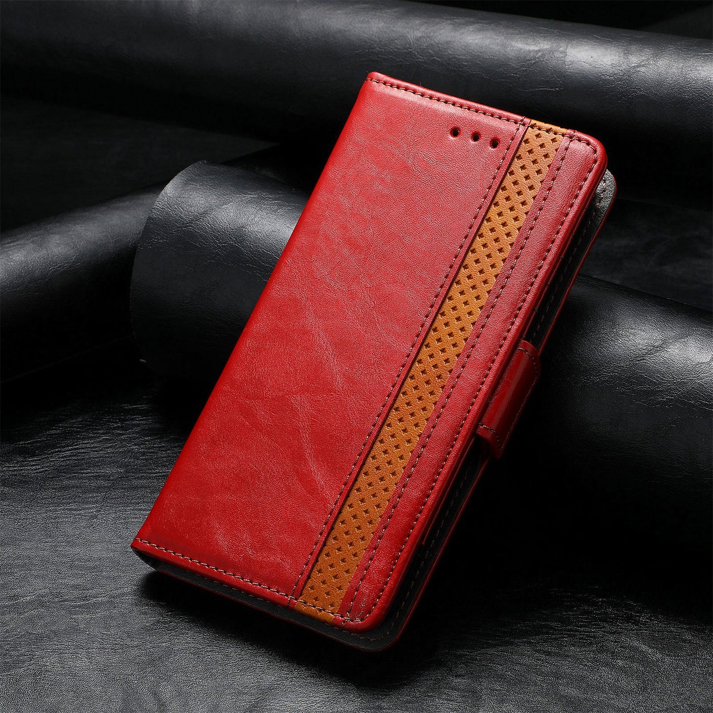 For iPhone 16e Case CASENEO 002 Series RFID Blocking Leather Wallet Stand Phone Cover - Red