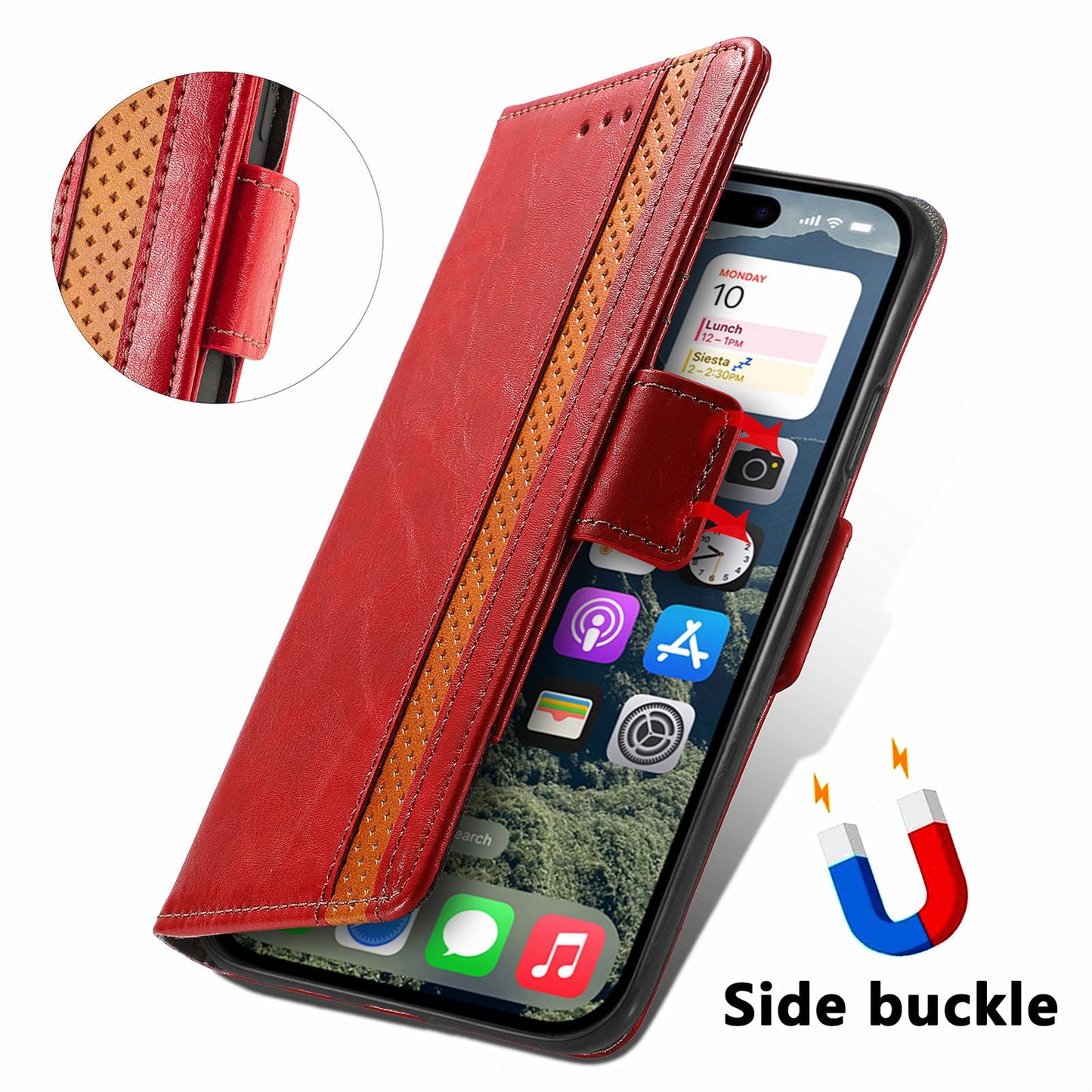 For iPhone 16e Case CASENEO 002 Series RFID Blocking Leather Wallet Stand Phone Cover - Red