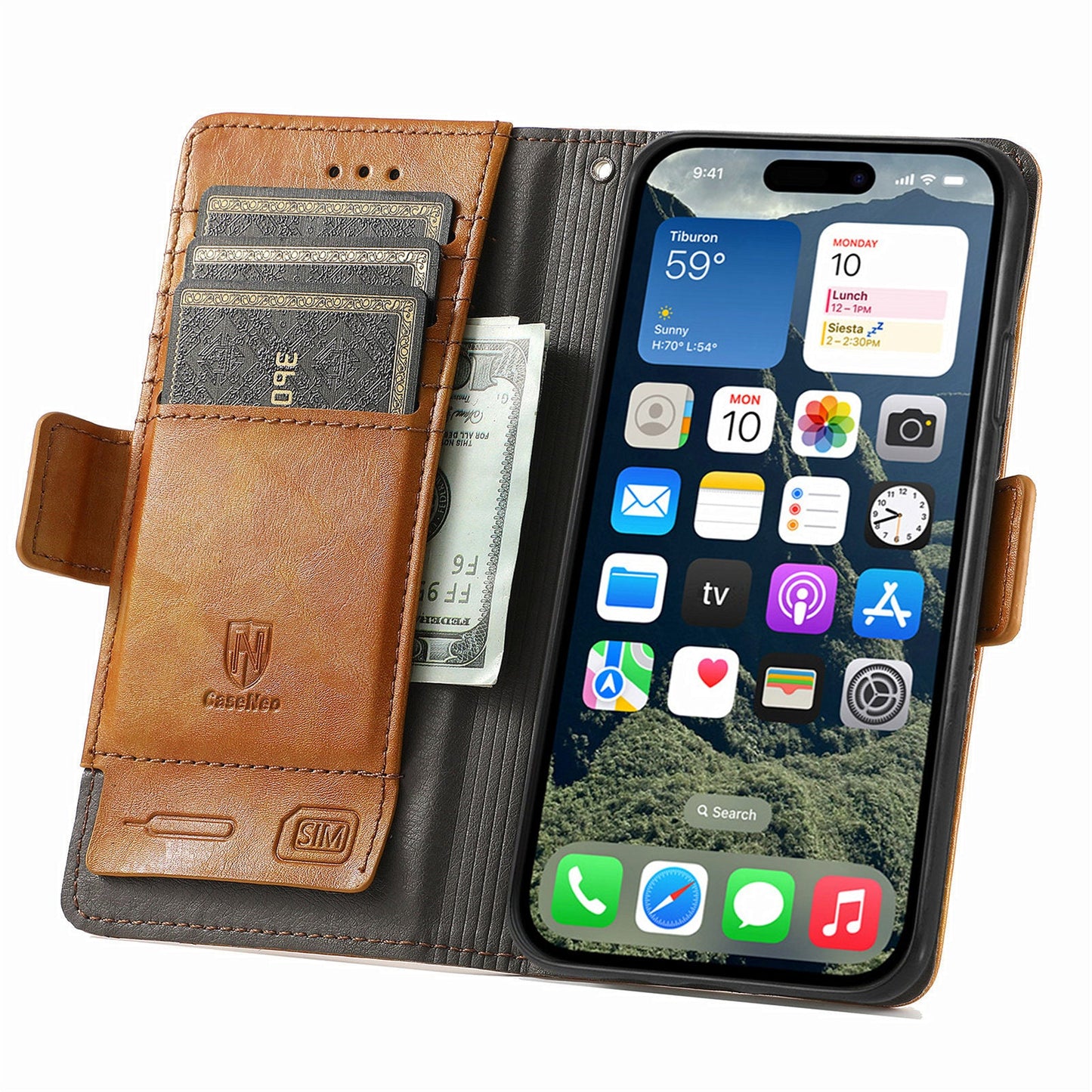 For iPhone 16e Case CASENEO 002 Series RFID Blocking Leather Wallet Stand Phone Cover - Khaki