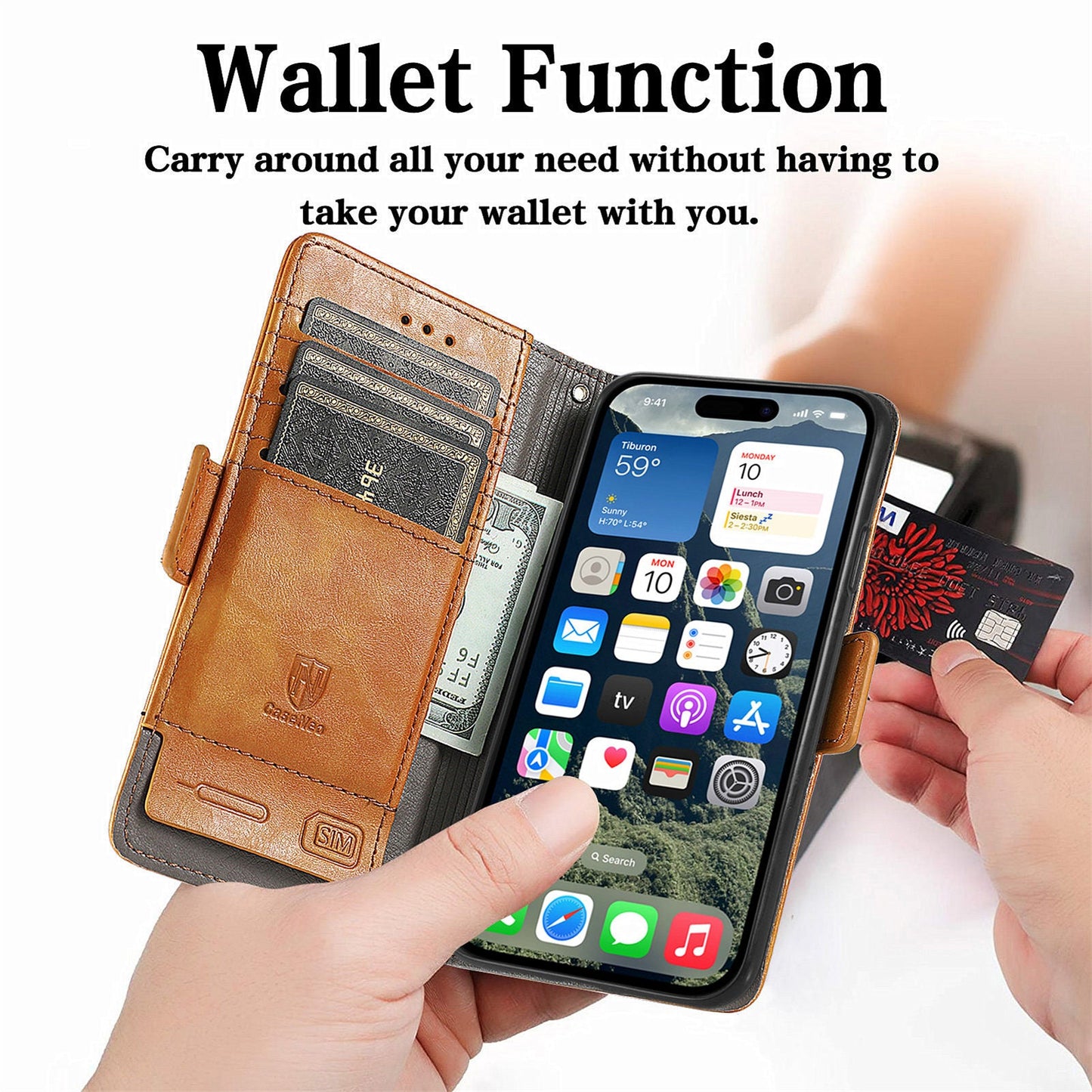 For iPhone 16e Case CASENEO 002 Series RFID Blocking Leather Wallet Stand Phone Cover - Khaki