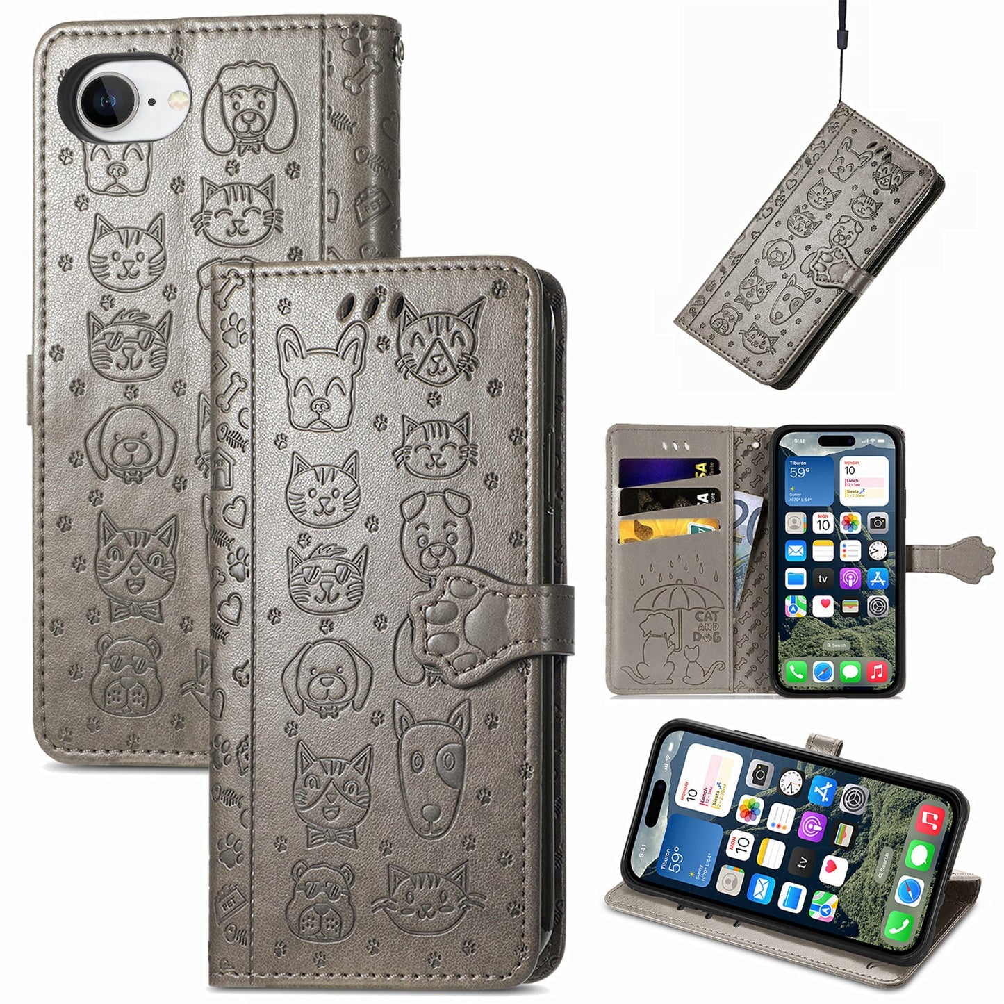 For iPhone 16e Leather Wallet Case Flip Phone Cover with Cute Cat Dog Pattern - Grey