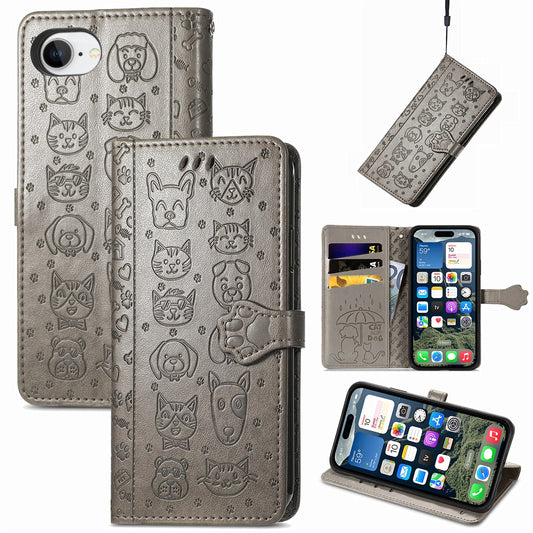 For iPhone 16e Leather Wallet Case Flip Phone Cover with Cute Cat Dog Pattern - Grey