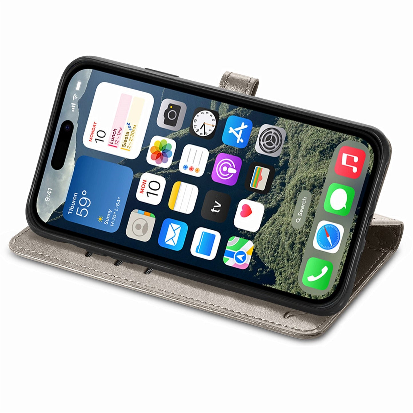 For iPhone 16e Leather Wallet Case Flip Phone Cover with Cute Cat Dog Pattern - Grey