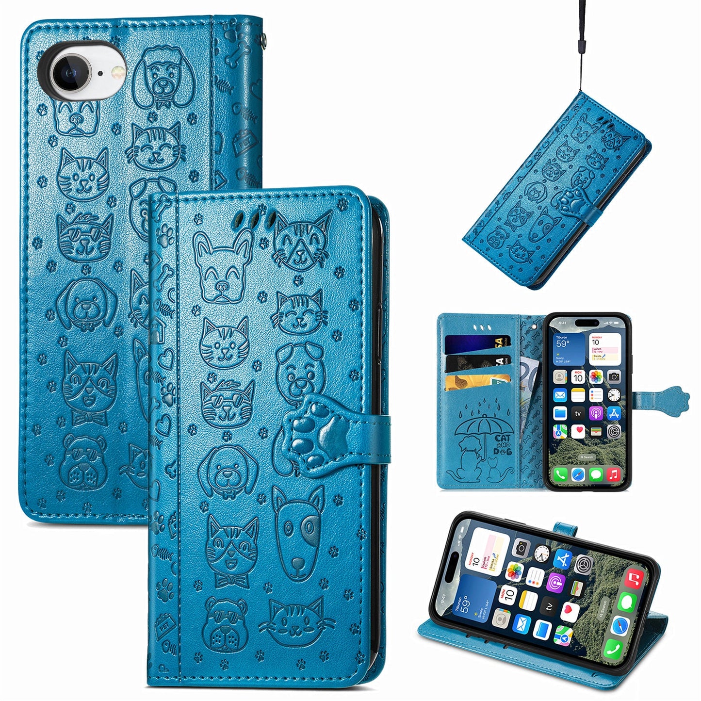For iPhone 16e Leather Wallet Case Flip Phone Cover with Cute Cat Dog Pattern - Blue