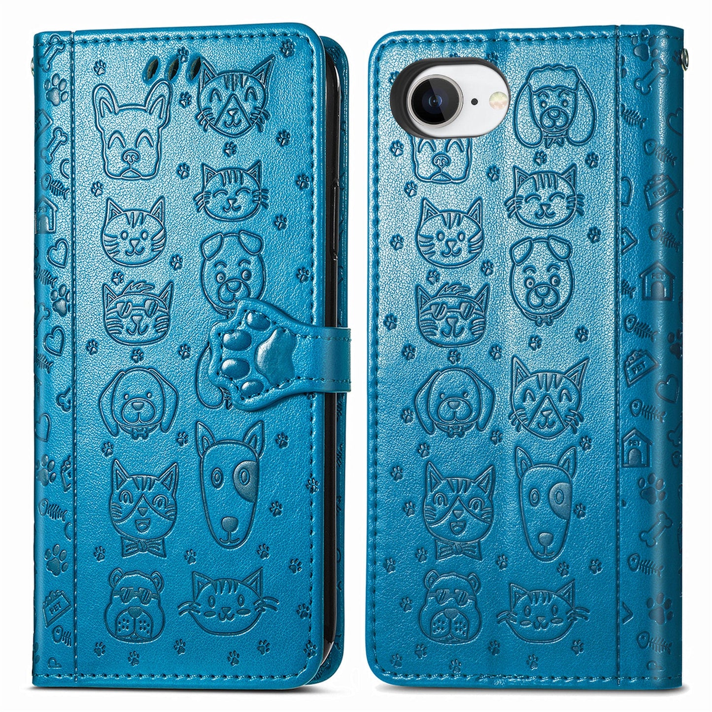 For iPhone 16e Leather Wallet Case Flip Phone Cover with Cute Cat Dog Pattern - Blue