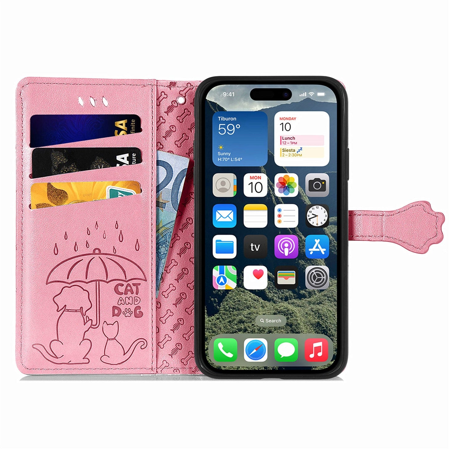 For iPhone 16e Leather Wallet Case Flip Phone Cover with Cute Cat Dog Pattern - Pink
