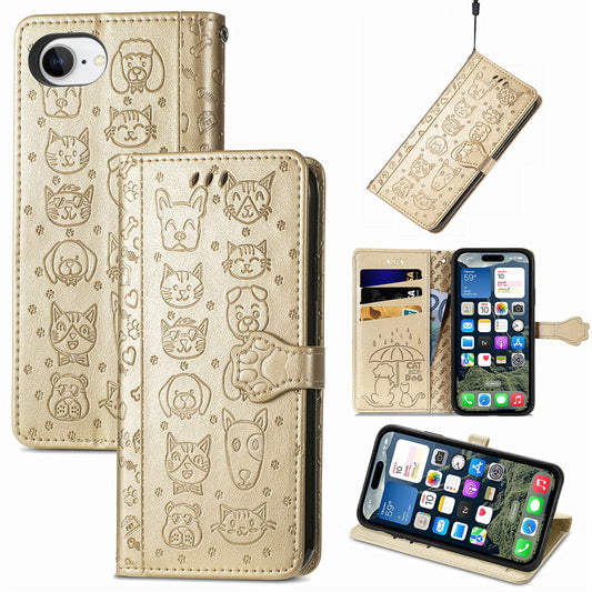 For iPhone 16e Leather Wallet Case Flip Phone Cover with Cute Cat Dog Pattern - Gold
